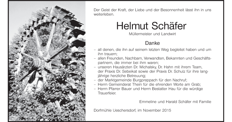  Traueranzeige für Helmut Schäfer vom 07.11.2015 aus MGO