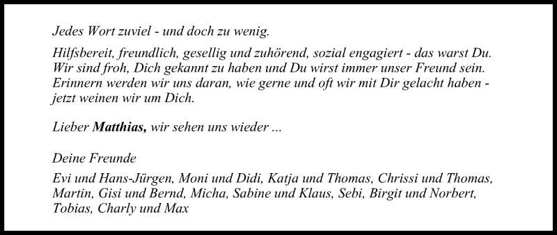  Traueranzeige für Matthias  vom 14.11.2015 aus MGO