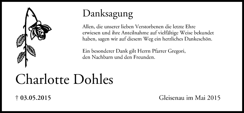  Traueranzeige für Charlotte Dohles vom 16.05.2015 aus MGO