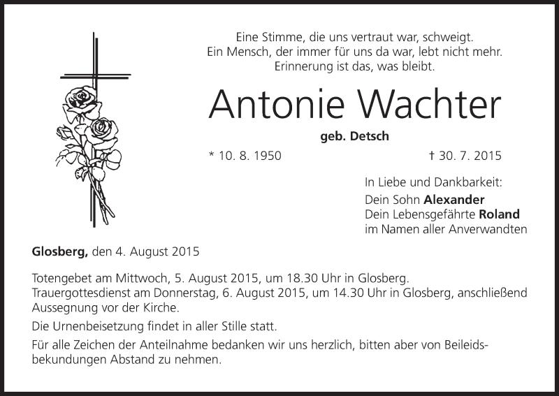  Traueranzeige für Antonie Wachter vom 04.08.2015 aus MGO