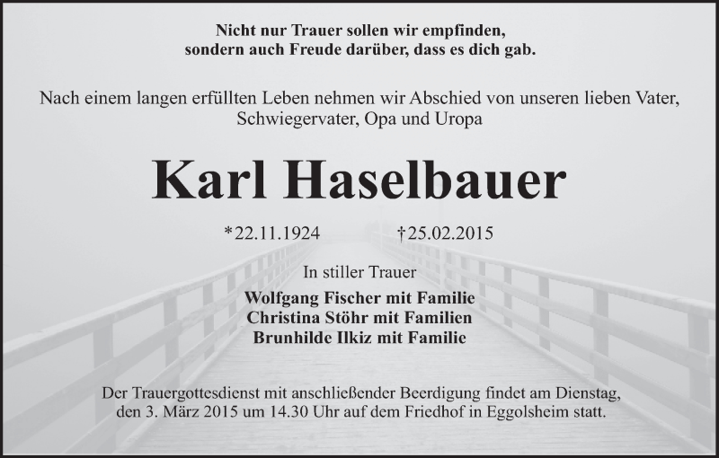  Traueranzeige für Karl Haselbauer vom 28.02.2015 aus MGO