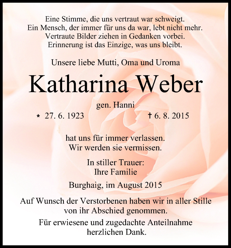  Traueranzeige für Katharina Weber vom 21.08.2015 aus MGO
