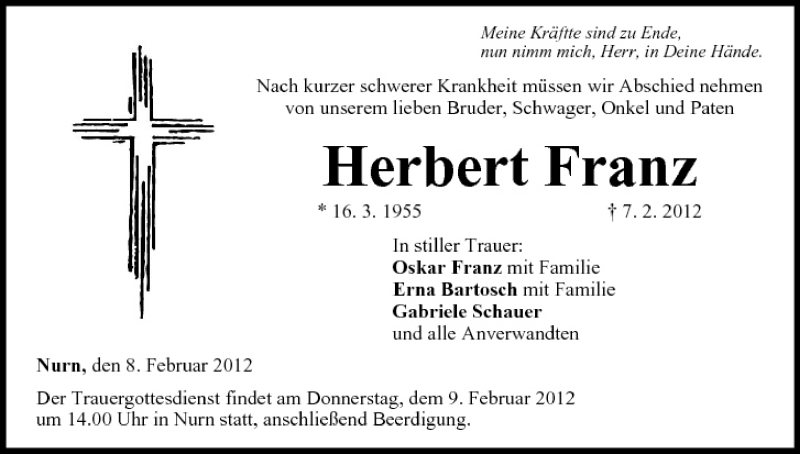  Traueranzeige für Herbert Franz vom 08.02.2012 aus MGO