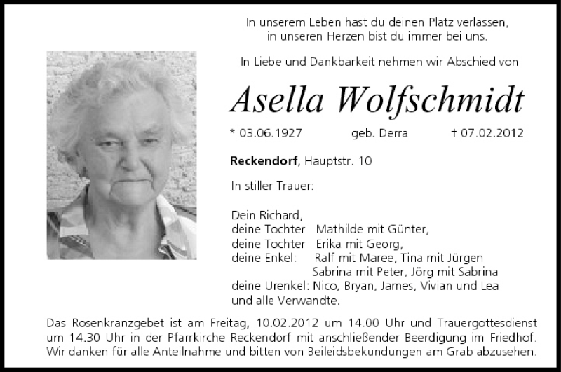  Traueranzeige für Asella Wolfschmidt vom 08.02.2012 aus MGO