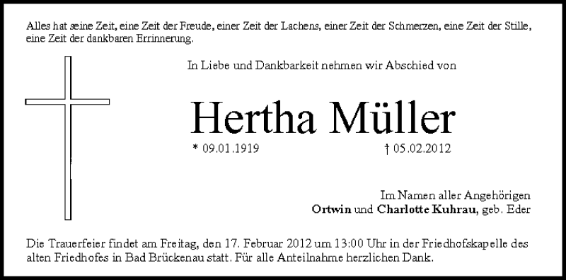  Traueranzeige für Hertha Müller vom 11.02.2012 aus MGO
