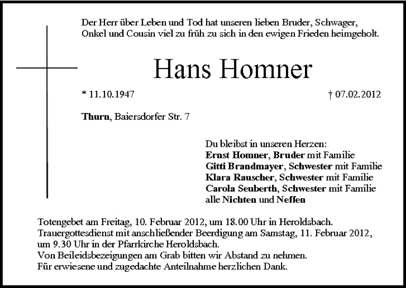  Traueranzeige für Hans Hommer vom 09.02.2012 aus MGO