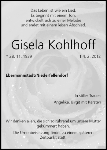 Anzeige von Gisela Kohlhoff von MGO