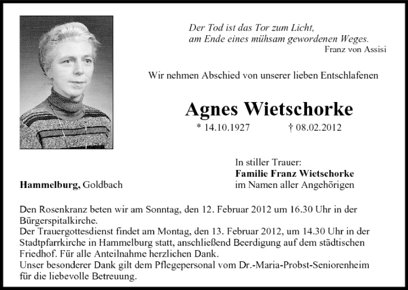  Traueranzeige für Agnes Wietschorke vom 10.02.2012 aus MGO