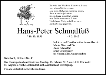 Anzeige von Hans-Peter Schmalfuß von MGO