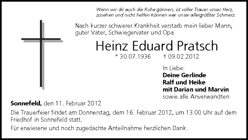  Traueranzeige für Heinz Eduard Pratsch vom 11.02.2012 aus MGO