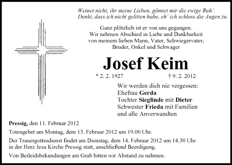  Traueranzeige für Josef Keim vom 11.02.2012 aus MGO
