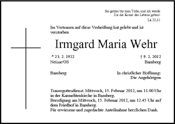 Anzeige von Irmgard Maria Wehr von MGO