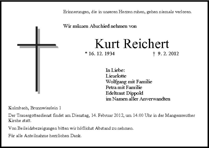  Traueranzeige für Kurt Reichert vom 13.02.2012 aus MGO