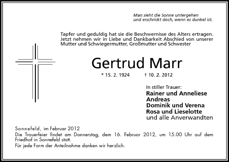  Traueranzeige für Gertrud Marr vom 14.02.2012 aus MGO