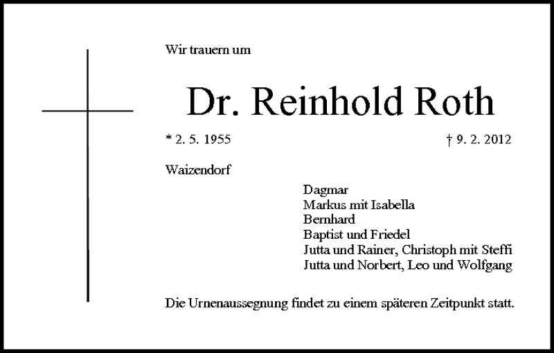  Traueranzeige für Reinhold Roth vom 14.02.2012 aus MGO