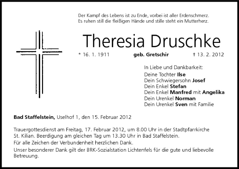  Traueranzeige für Theresia Druschke vom 15.02.2012 aus MGO