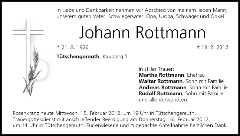  Traueranzeige für Johann Rottmann vom 15.02.2012 aus MGO