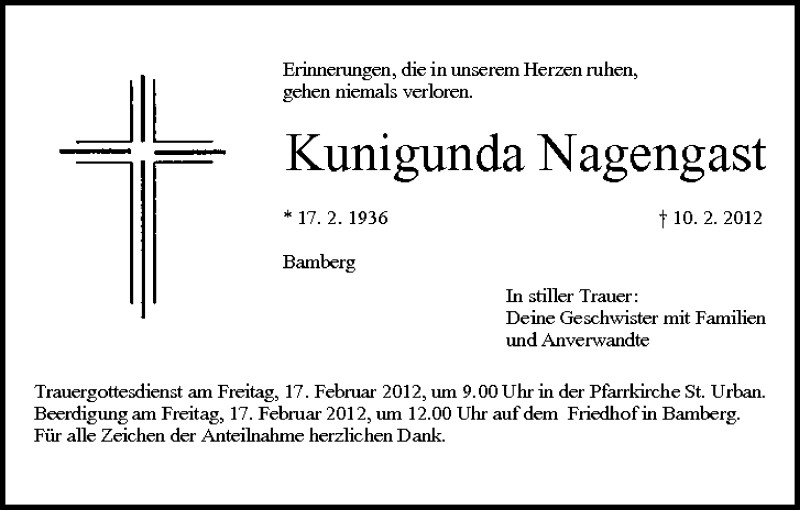  Traueranzeige für Kunigunda Nagengast vom 16.02.2012 aus MGO
