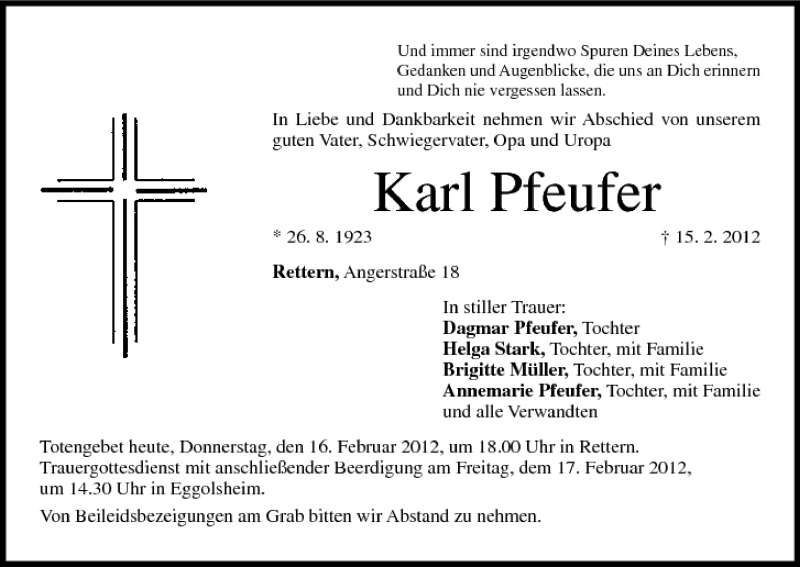  Traueranzeige für Karl Pfeufer vom 16.02.2012 aus MGO