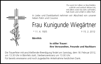 Anzeige von Kunigunde Wiegärtner von MGO