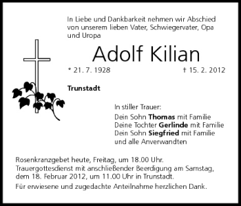 Anzeige von Adolf Kilian von MGO