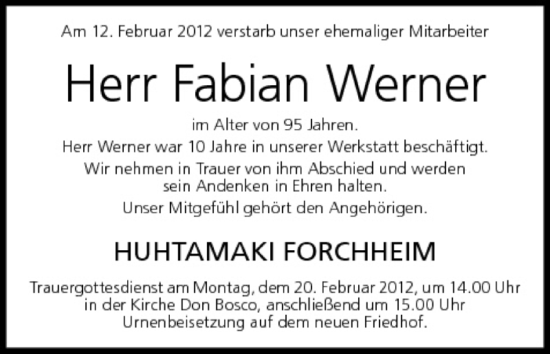  Traueranzeige für Fabian Werner vom 18.02.2012 aus MGO