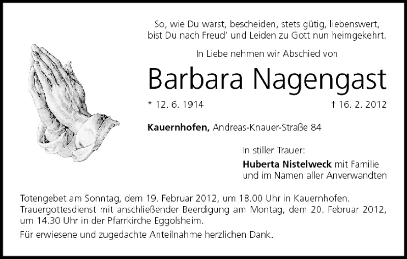  Traueranzeige für Barbara Nagengast vom 18.02.2012 aus MGO