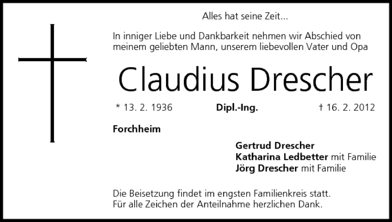  Traueranzeige für Claudius Drescher vom 18.02.2012 aus MGO