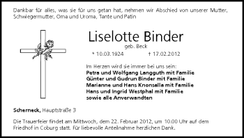 Anzeige von Liselotte Binder von MGO