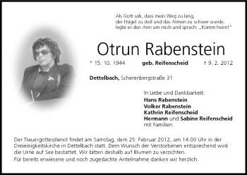 Anzeige von Otrun Rabenstein von MGO