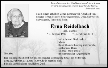 Anzeige von Erna Reidelbach von MGO