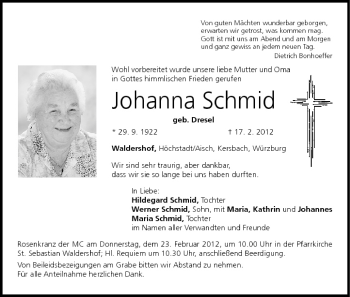 Anzeige von Johanna Schmid von MGO