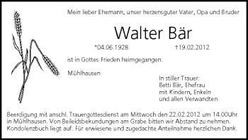Anzeige von Walter Bär von MGO