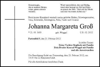 Anzeige von Johanna Margareta Groß von MGO