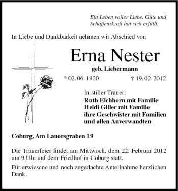 Anzeige von Erna Nester von MGO