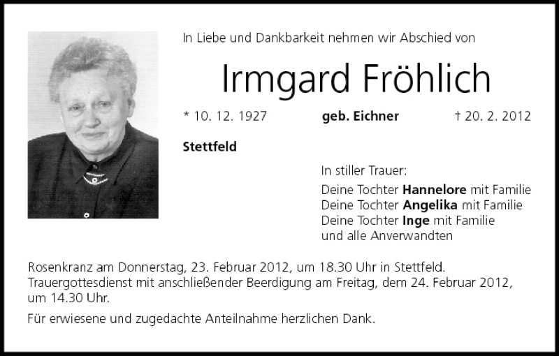  Traueranzeige für Irmgard Fröhlich vom 22.02.2012 aus MGO