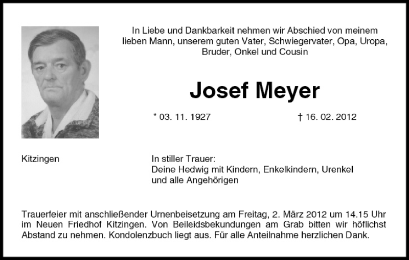  Traueranzeige für Josef Meyer vom 25.02.2012 aus MGO