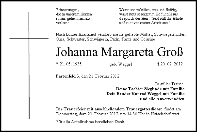  Traueranzeige für Johanna Margareta Groß vom 22.02.2012 aus MGO