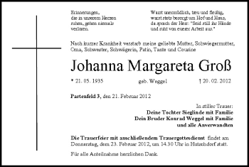 Anzeige von Johanna Margareta Groß von MGO
