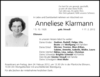 Anzeige von Anneliese Klarmann von MGO
