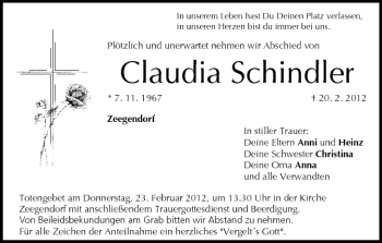 Anzeige von Claudia Schindler von MGO