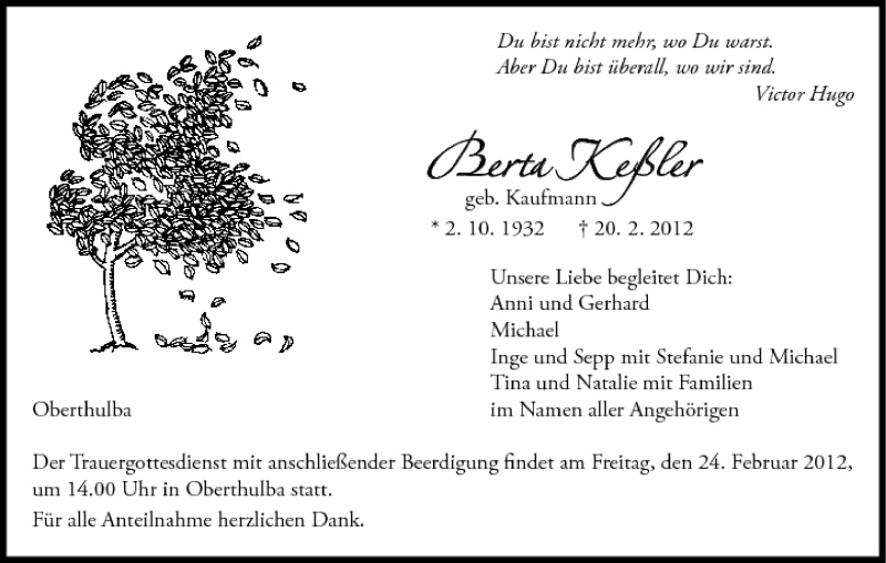  Traueranzeige für Berta Keßler vom 23.02.2012 aus MGO