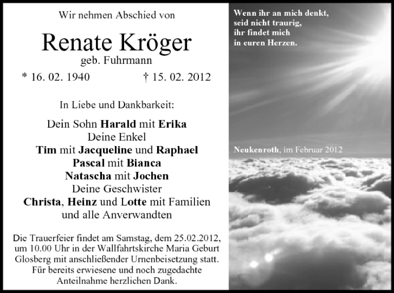  Traueranzeige für Renate Kröger vom 23.02.2012 aus MGO