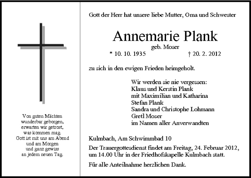  Traueranzeige für Annemarie Plank vom 23.02.2012 aus MGO