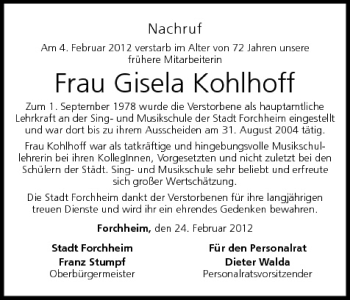 Anzeige von Gisela Kohlhoff von MGO