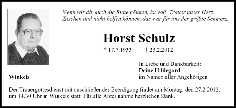  Traueranzeige für Horst Schulz vom 24.02.2012 aus MGO
