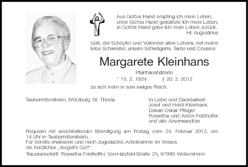  Traueranzeige für Margarete Kleinhans vom 24.02.2012 aus MGO