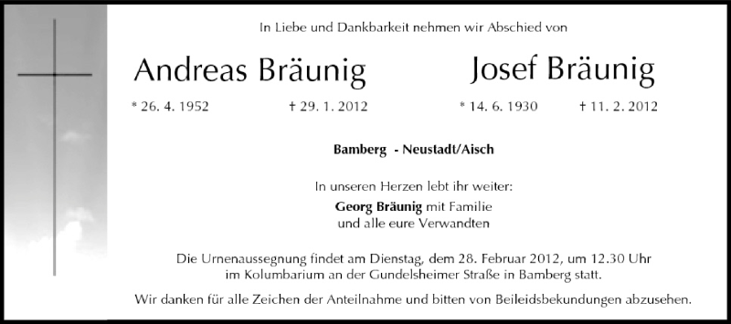  Traueranzeige für Andreas und Josef Bräunig vom 25.02.2012 aus MGO