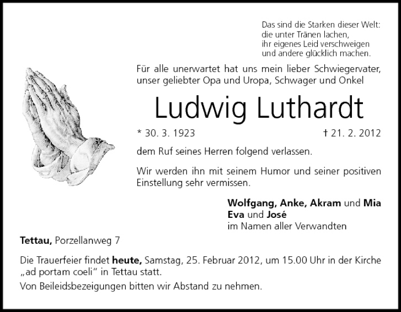  Traueranzeige für Ludwig Luthardt vom 25.02.2012 aus MGO