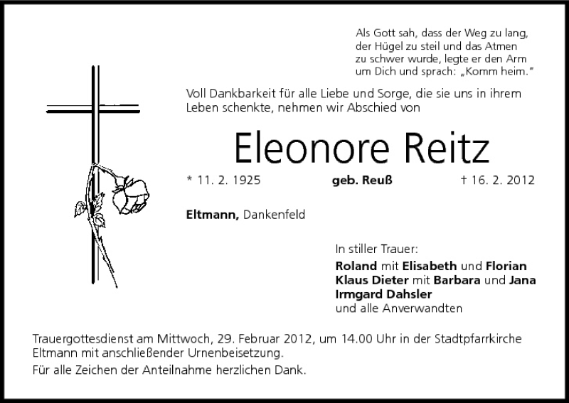  Traueranzeige für Eleonore Reitz vom 27.02.2012 aus MGO